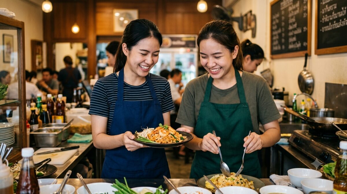 พนักงานร้านอาหารไทยทำงานร่วมกันอย่างมีความสุข