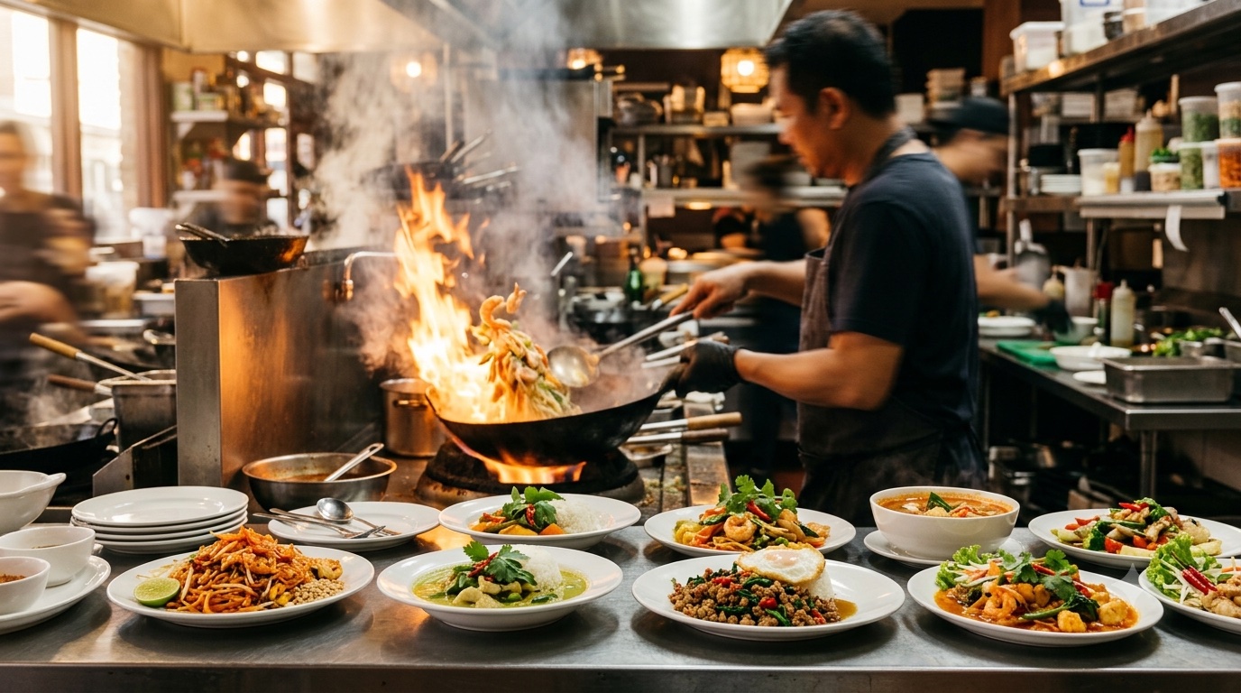 ครัวร้านอาหารช่วงเวลาเร่งด่วนที่มีออเดอร์เข้าพร้อมกันหลายใบ