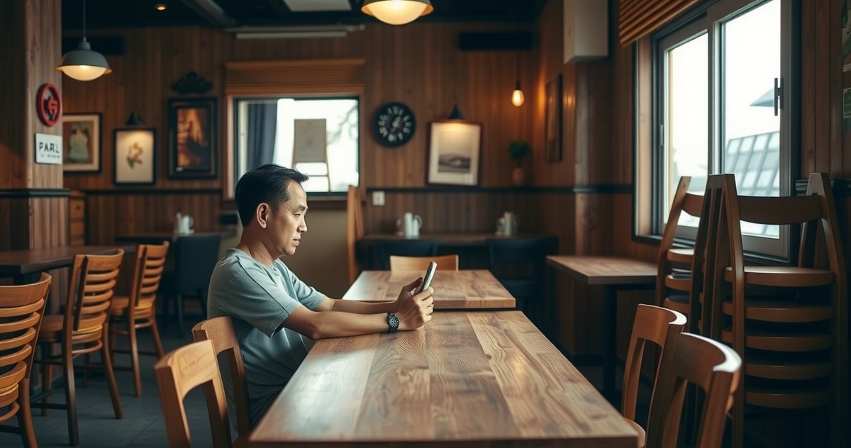 เจ้าของร้านอาหารนั่งดูโทรศัพท์ที่โต๊ะในร้านที่ยังไม่เปิดบริการ แสงเช้าส่องผ่านหน้าต่าง