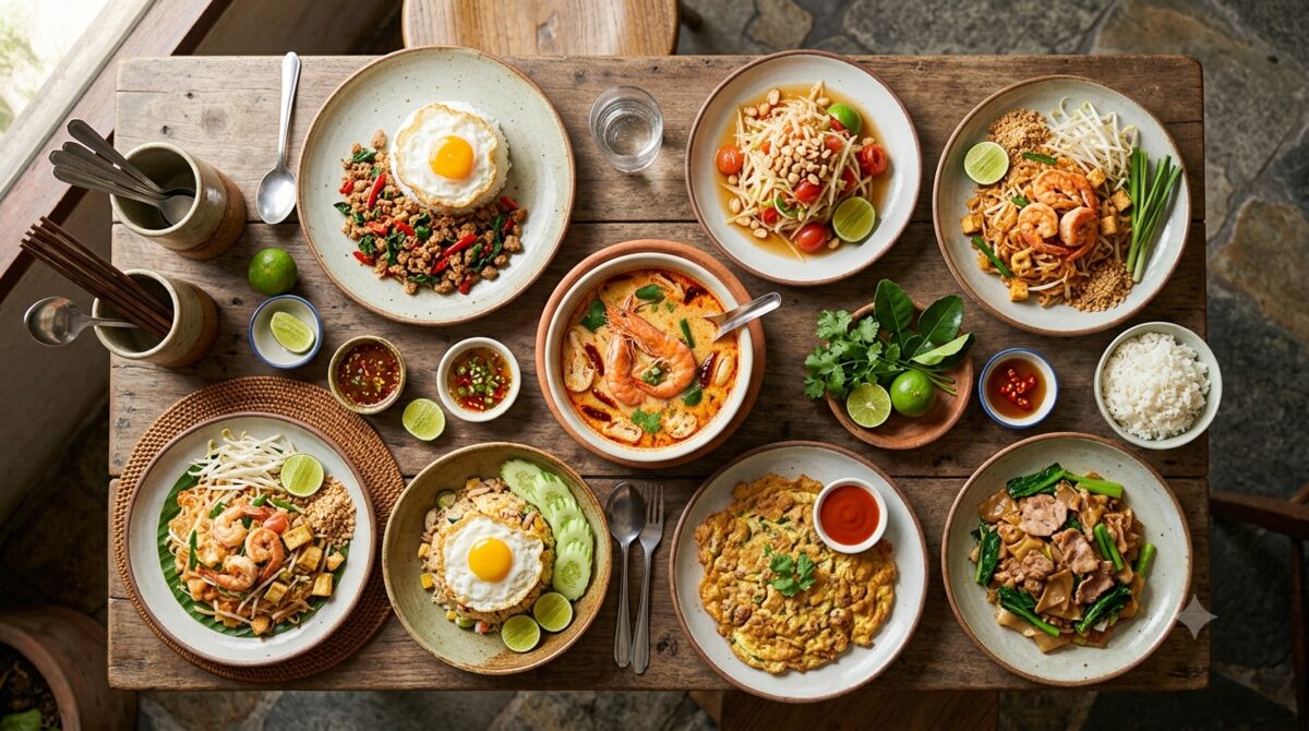 สำรับอาหารตามสั่งไทยหลากหลายจานบนโต๊ะ