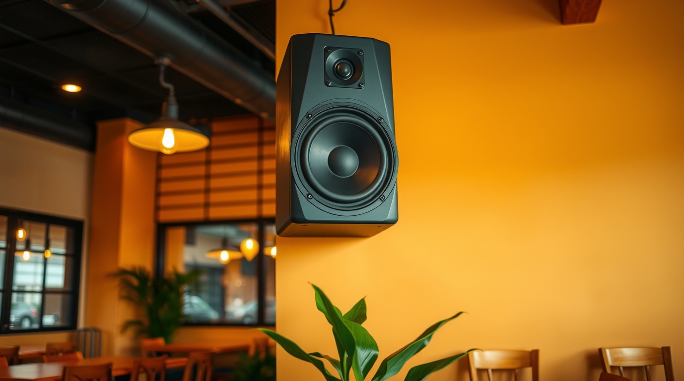 ร้านอาหารที่เปิดเพลงคลอในร้าน กับลำโพงบนผนัง