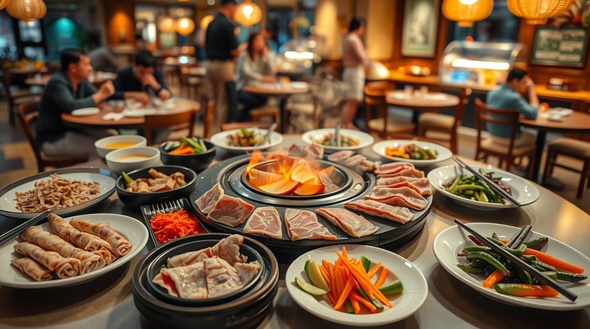 ร้านบุฟเฟต์ปิ้งย่างสไตล์ไทย มีไลน์อาหารและโต๊ะลูกค้า