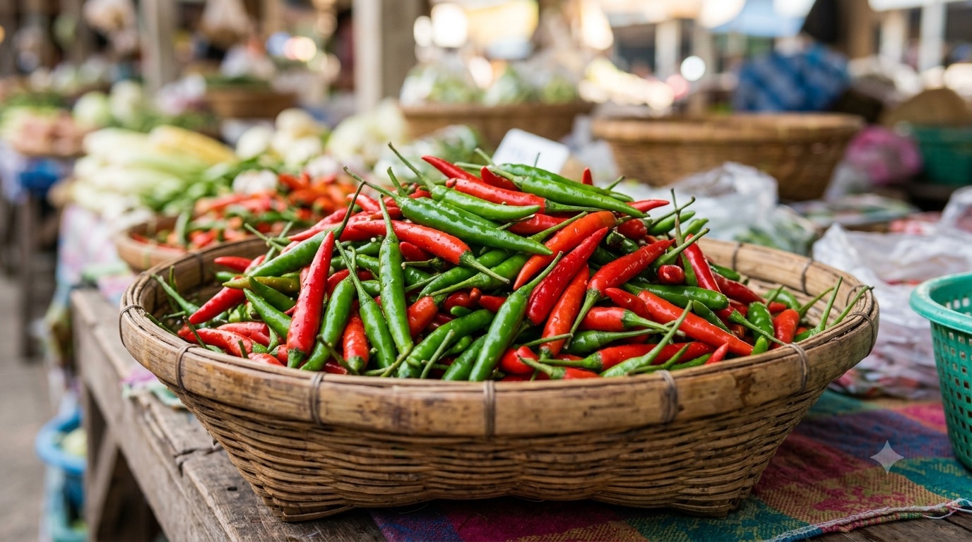 พริกแดงและพริกเขียวสดกองรวมกันในตะกร้าสานที่แผงตลาดสด