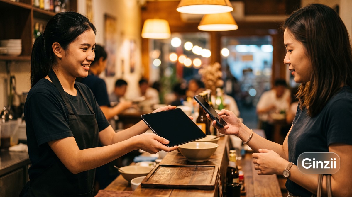 พนักงานหน้าเคาน์เตอร์ร้านอาหารกำลังยื่นแท็บเล็ตให้ลูกค้าสแกนจ่ายเงิน